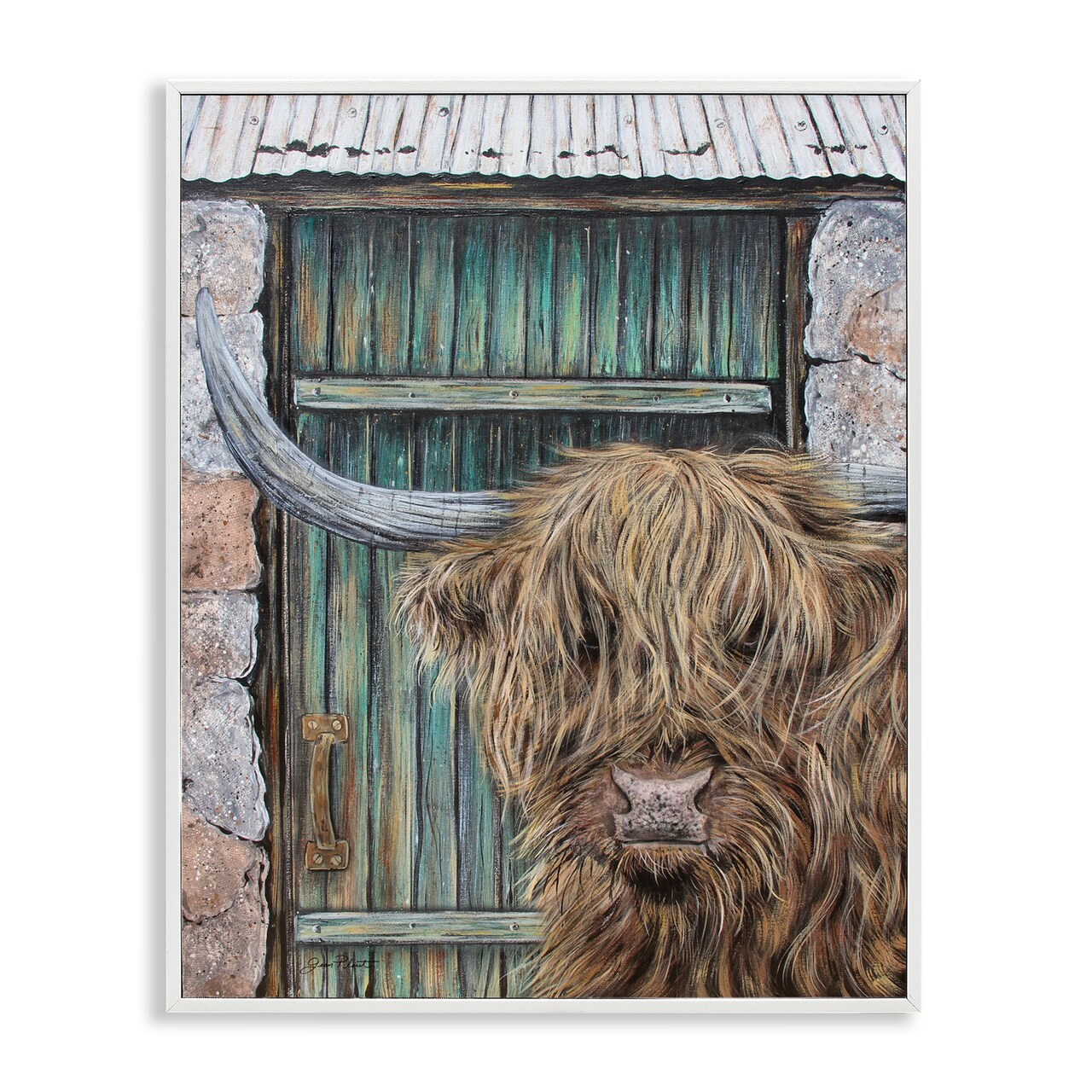 Stupell Industries Highland Cow by Barn Door Framed Giclee, design by Jean Plout